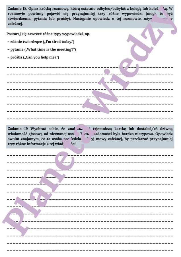 MOWA ZALEŻNA - E8– Zbiór zadań do egzaminu ósmoklasisty z języka angielskiego. Poziom A2/A2+ – 20 STRN ZADAŃ, zamiana zdań na mowę zależna, poprawna składnia, zmiany czasów, wypełnianie luk w tekście, tworzenie własnych zdań i historii + ODPOWIEDZI