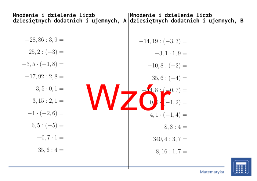 Mnożenie i dzielenie liczb dziesiętnych dodatnich i ujemnych | matematyka | 26 kolumn