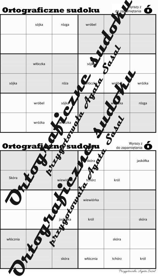 Ortograficzne sudoku wyrazy z "ó" niewymiennym