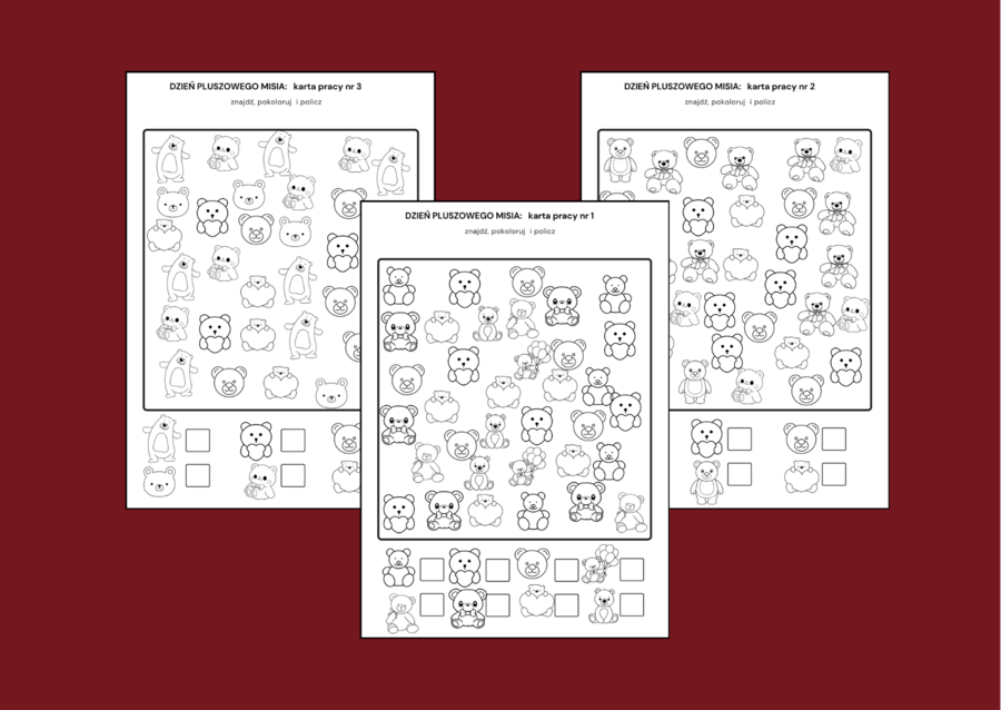 DZIEŃ PLUSZOWEGO MISIA – znajdź, pokoloruj i policz – 3 wersje – biblioteka – świetlica – przedszkole