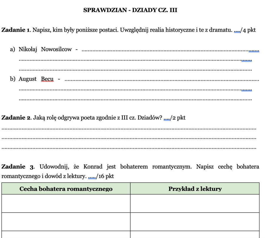 Dziady cz. III - sprawdzian