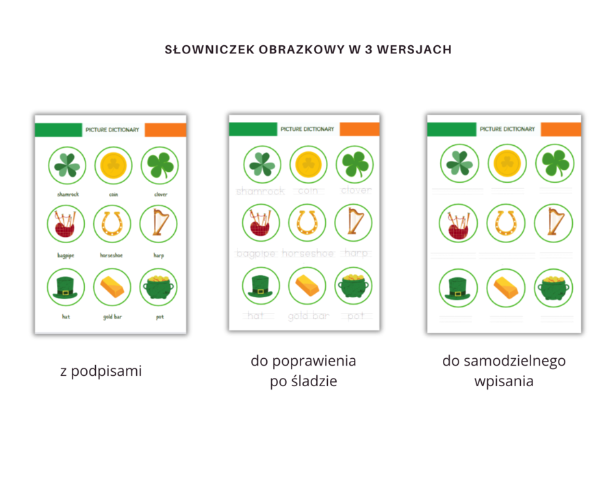 Saint Patrick's Day for Young Learners - Dzień Świętego Patryka dla uczniów klasy 1-2, zestaw, karty pracy, ćwiczenia na słownictwo, części garderoby, przyimki miejsca,