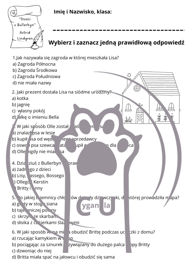 Karty pracy z odpowiedziami do lektury Astrid Lindgren "Dzieci z Bullerbyn"