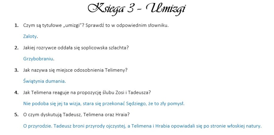 "Pan Tadeusz" - pytania do ksiąg