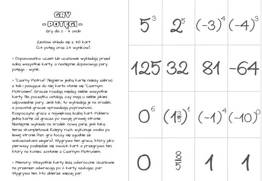 Potęgi - gry dydaktyczne klasa 7,8