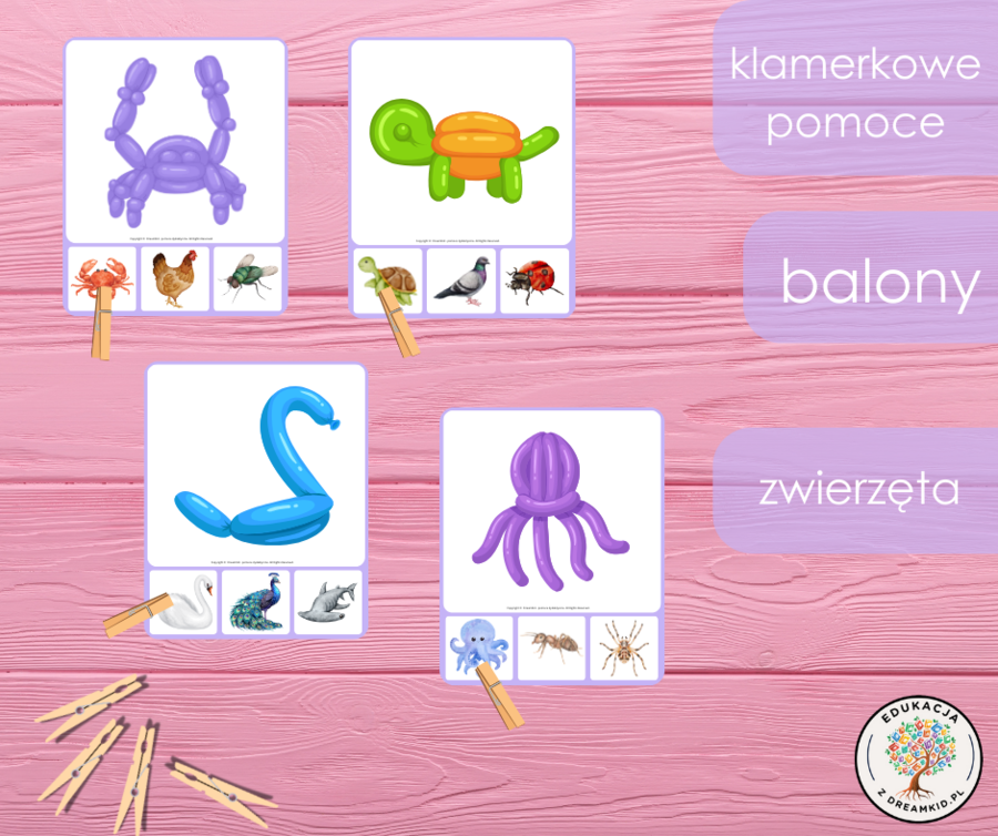Klamerkowe pomoce - balony - zwierzęta