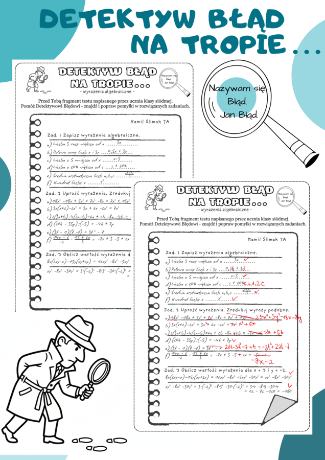 Detektyw Błąd na tropie. Wyrażenia algebraiczne. Klasa 7. Klasa 8
