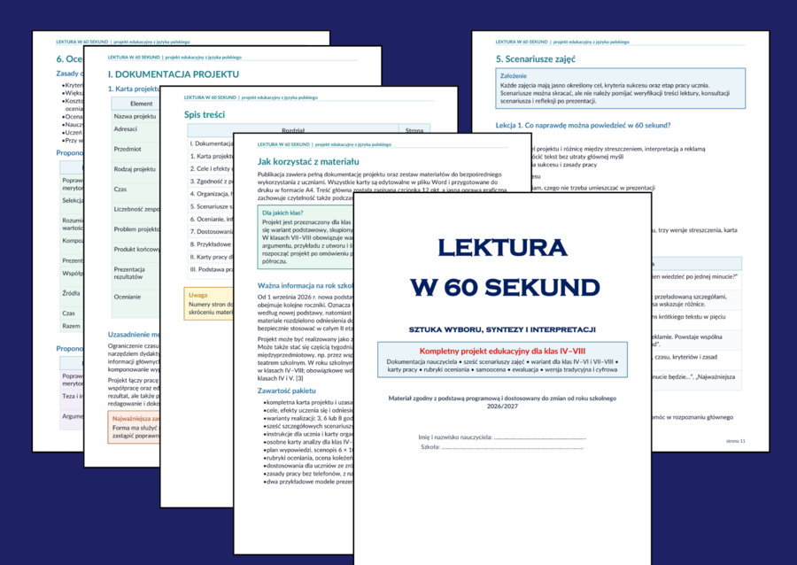 🌹 LEKTURA W 60 SEKUND - projekt edukacyjny dla klas IV–VIII + 39 wzorcowych wypowiedzi uczniowskich - język polski