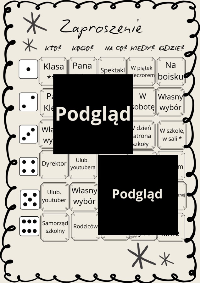 Gra z kostką. Pisanie zaproszenia.