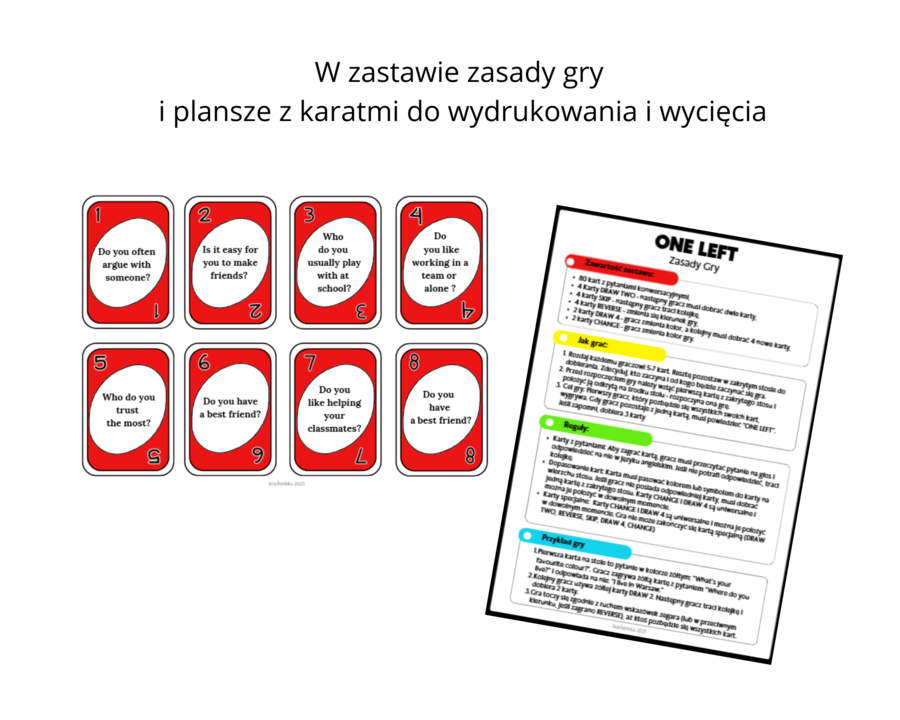 ONE LEFT GAME Break the ice Gra Karciana konwersacyjna na przełamanie lodów Pierwsza lekcja Poziom a1-a2 język angielski