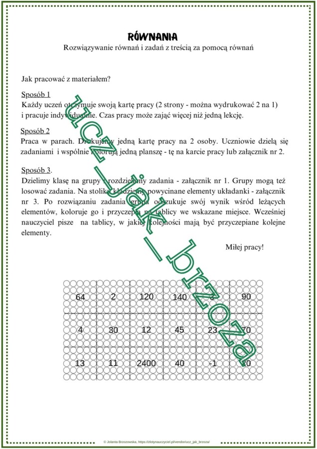 Równania, rozwiązywanie zadań tekstowych za pomocą równań, karta pracy, kodowanie, praca w grupach, klasa 7
