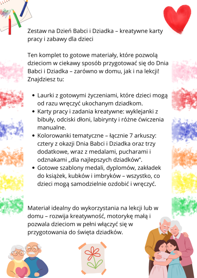 PAKIET- SCENARIUSZ+KARTY PRACY I LAURKI NA DZIEŃ BABCI I DZIADKA