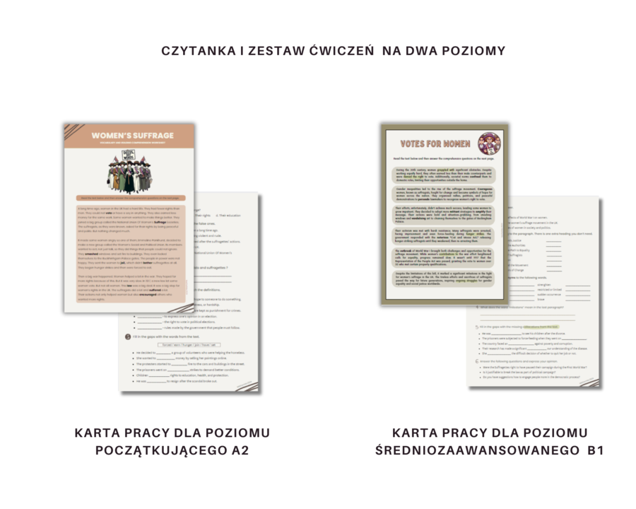 Women's Suffrage - Reading comprehension and vocabulary worksheet - Prawa Wyborcze Kobiet w Wielkiej Brytanii, Sufrażystki, Czytanie ze zrozumieniem, słownictwo - Karty pracy z języka angielskiego na dwa poziomy zaawansowania - podstawowy i średniozaawan