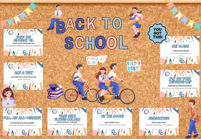 Gazetka „Back to School – English Idioms”| 40 stron A4| 8 idiomów z wyjaśnieniem i przykładami użycia| Kolorowe grafiki