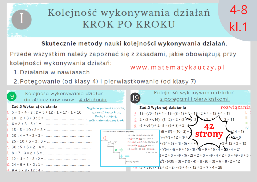 KOLEJNOŚĆ WYKONYWANIA działań - KROK PO KROKU / KARTY PRACY kl.4 – kl.8 oraz kl.1 szkoły średniej PDF / 470 przykładów + ROZWIĄZANIA
