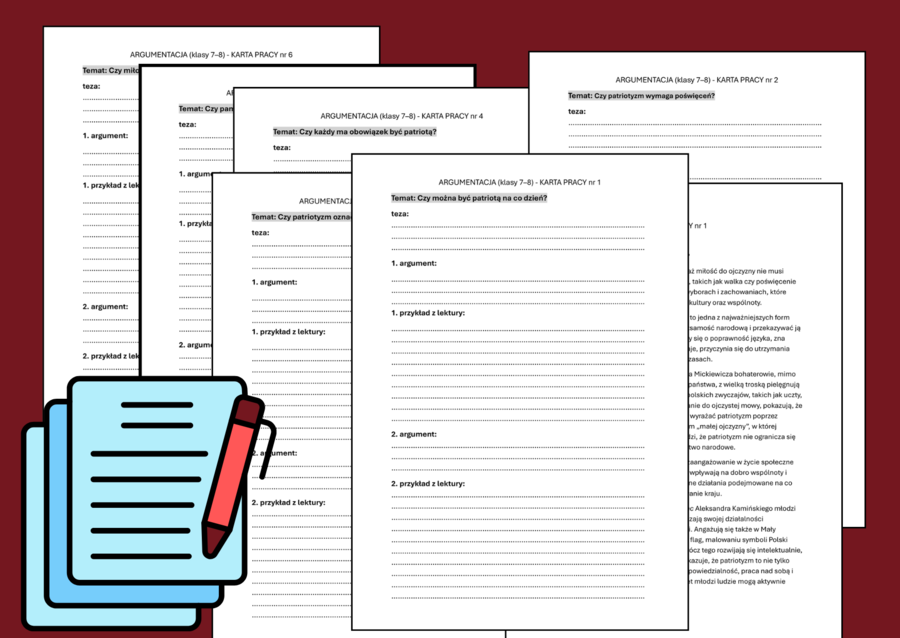 📘Karty pracy: PATRIOTYZM – wypowiedź argumentacyjna - argumentacja + odpowiedzi (egzamin ósmoklasisty)