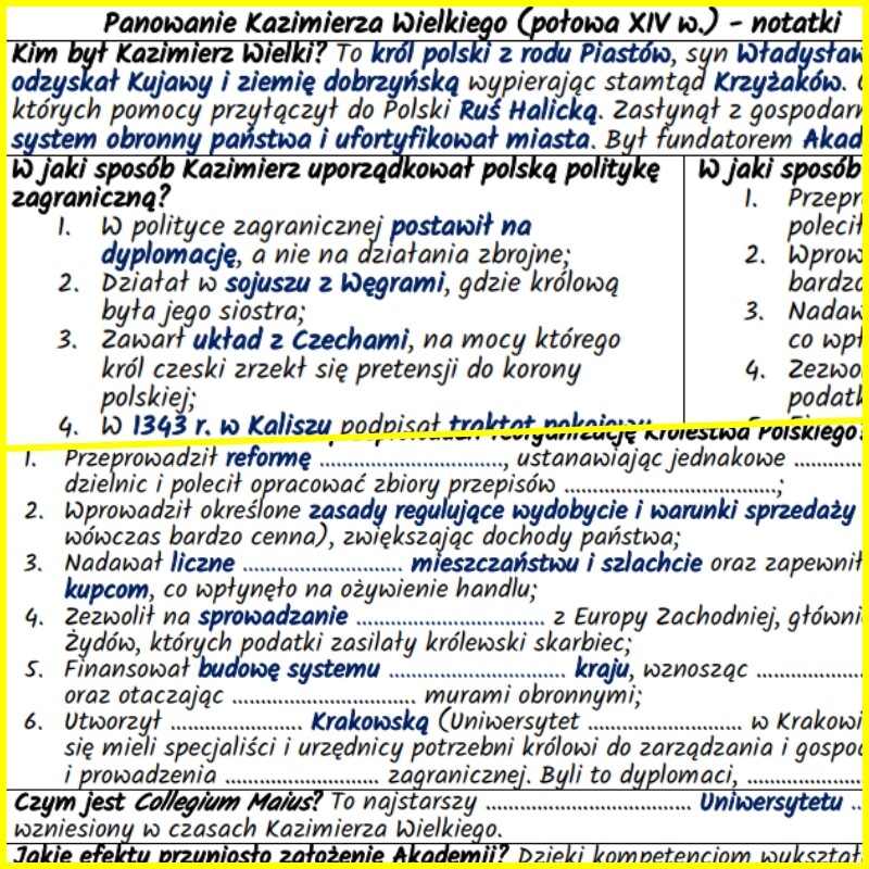 Panowanie Kazimierza Wielkiego (połowa XIV w.) – notatki i karta pracy
