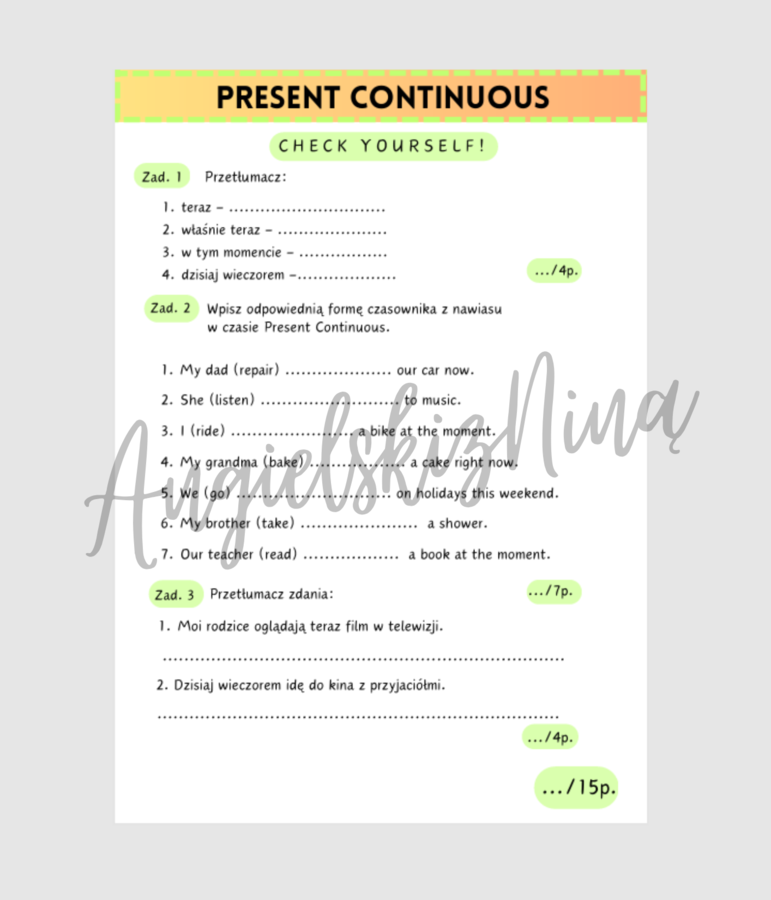 Present Continuous – Check yourself! – kartkówka – test – karta pracy – ćwiczenia – powtórzenie – kl. 4, 5 – A2