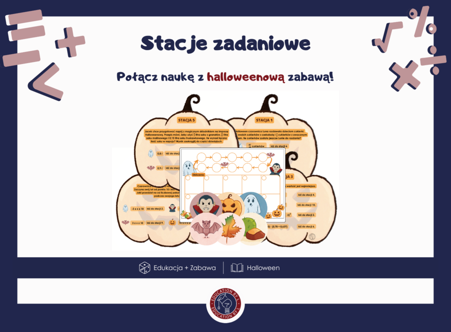 Stacje zadaniowe – Halloweenowa powtórka z matematyki | 10 zadań i naklejki dla uczniów | Gotowe do druku