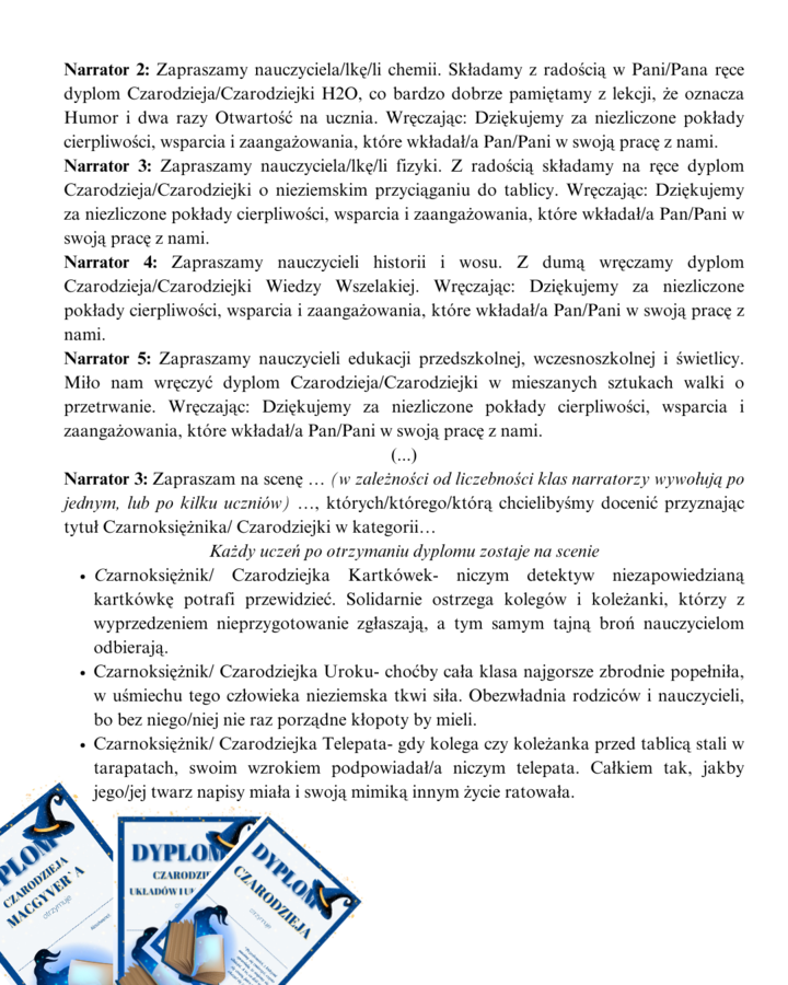 Czarnoksiężnik z Krainy Oświaty- scenariusz pożegnania absolwentów szkoły podstawowej/ ponadpodstawowej