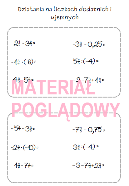 Szybkie karteczki – dodawanie, odejmowanie, mnożenie, dzielenie liczb całkowitych, działania na liczbach wymiernych (karta pracy, kartkówka kl 4, 5, 6, 7, 8)