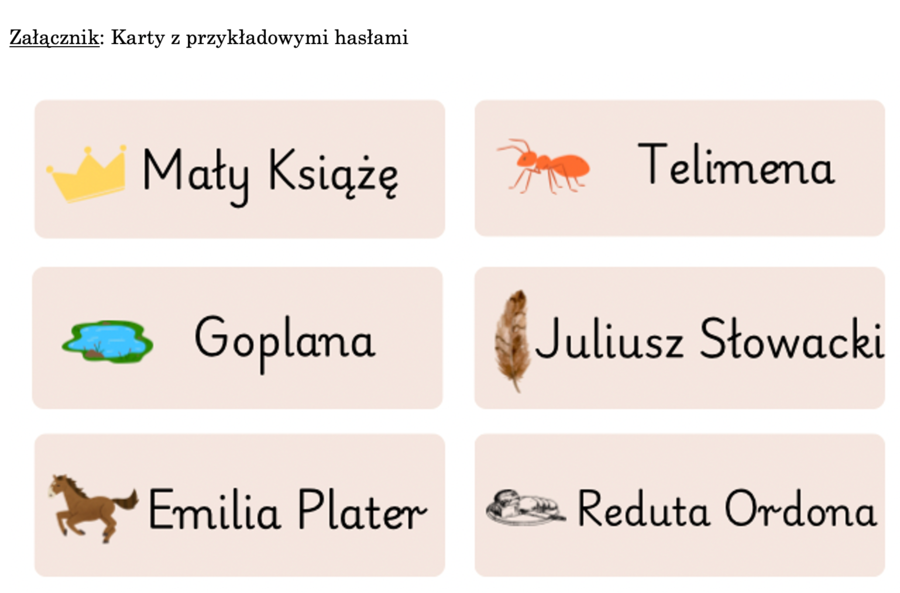 Literackie kalambury - scenariusz ćwiczenia + przykładowe hasła