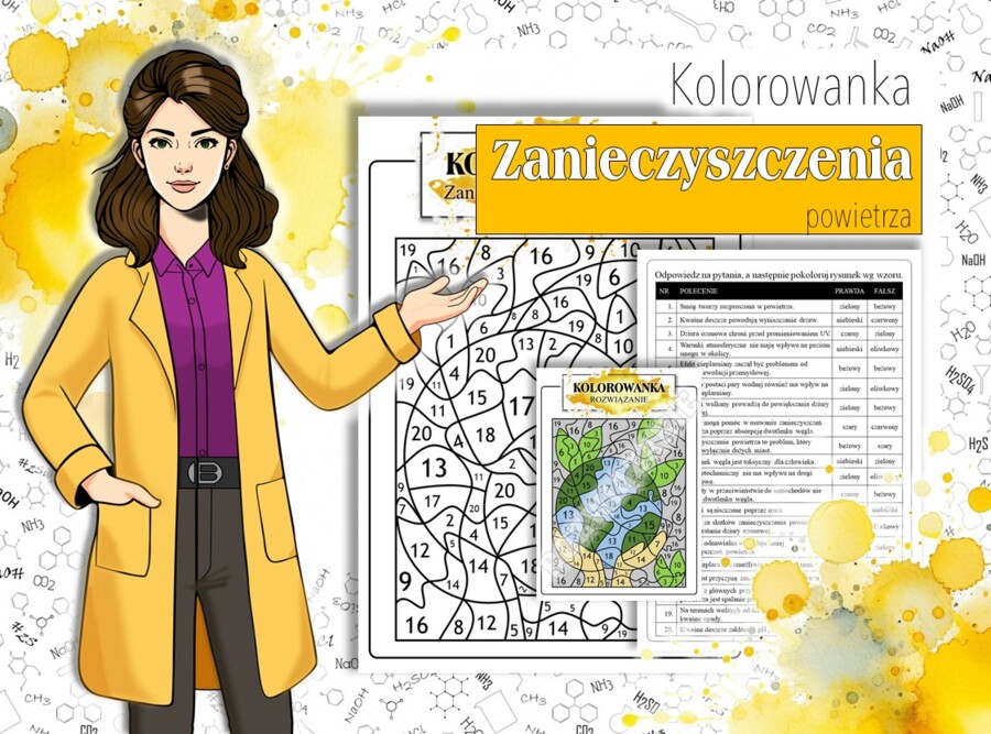 Klasa 7. Chemia. Zanieczyszczenia powietrza. Ochrona środowiska. Ekologia. Dzień Ziemi. Kolorowanka chemiczna. Karta pracy. Zadanie.