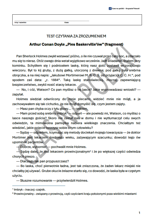 Arthur Conan Doyle „Pies Baskerville’ów” – test czytania ze zrozumieniem