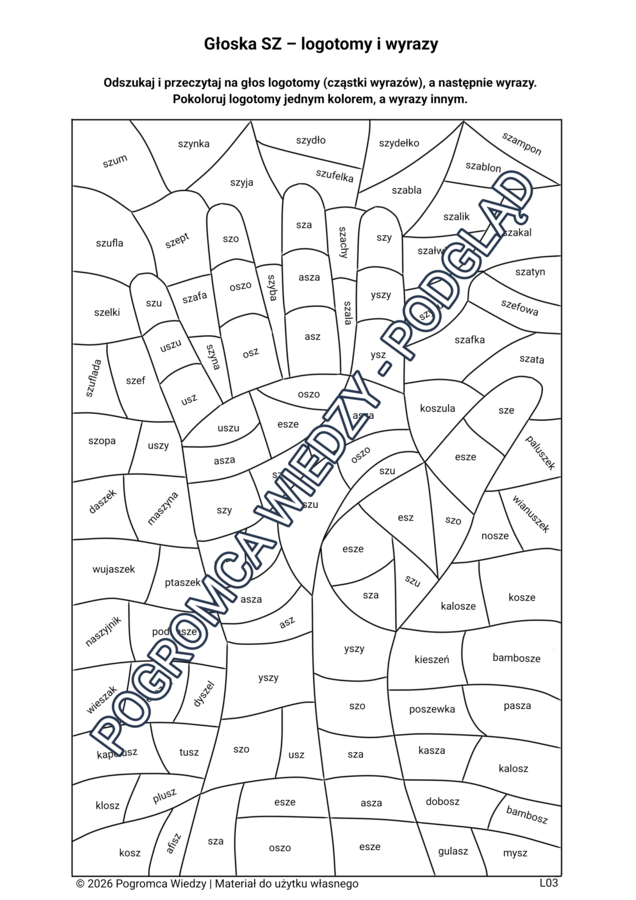 Głoska SZ- 5 kart pracy + klucz odpowiedzi