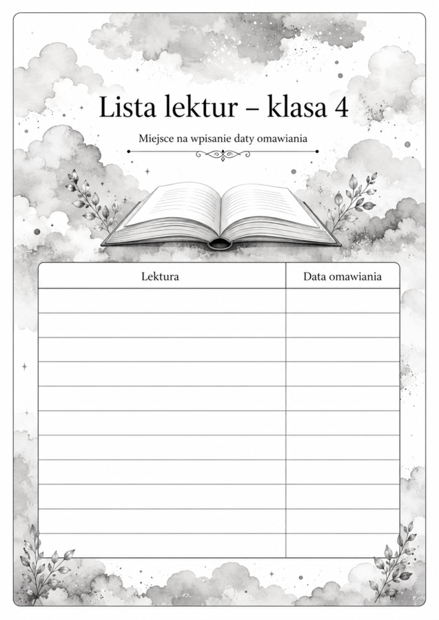 Lista lektur do klasy 4 (różne wersje) czarno-białe