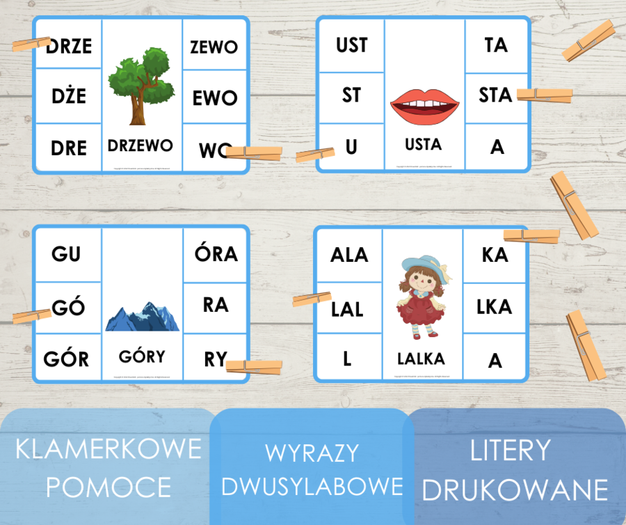 Klamerkowe pomoce - wyrazy dwusylabowe - litery drukowane