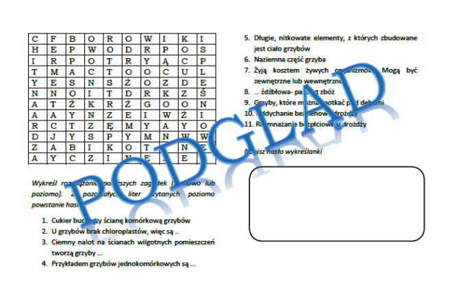 Podsumowanie lekcji o grzybach - wykreślanka - biologia klasa 5