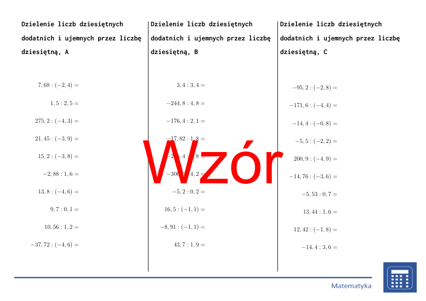 Dzielenie liczb dziesiętnych dodatnich i ujemnych przez liczbę dziesiętną | matematyka | 26 kolumn
