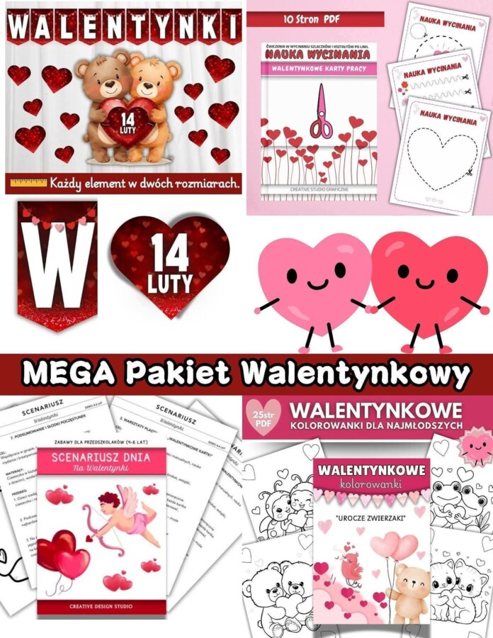 MEGA Pakiet Walentynkowy ❤️ Gazetka Walentynkowa, kolorowanki, scenariusz & wycinanki ❤️
