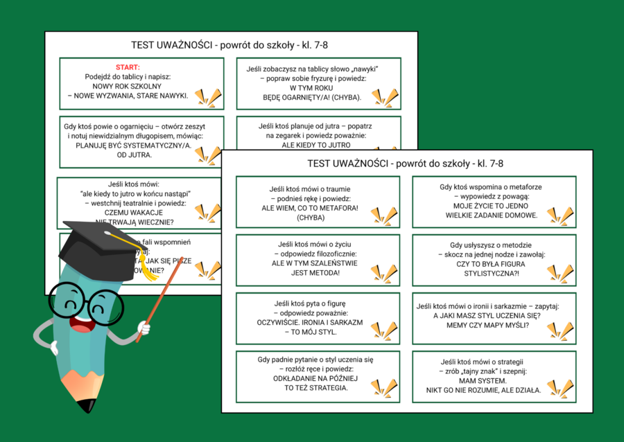 Powrót do szkoły – TEST NA UWAŻNOŚĆ – 30 karteczek do zabawy klasowej – język polski – zajęcia z wychowawcą – klasy 7-8