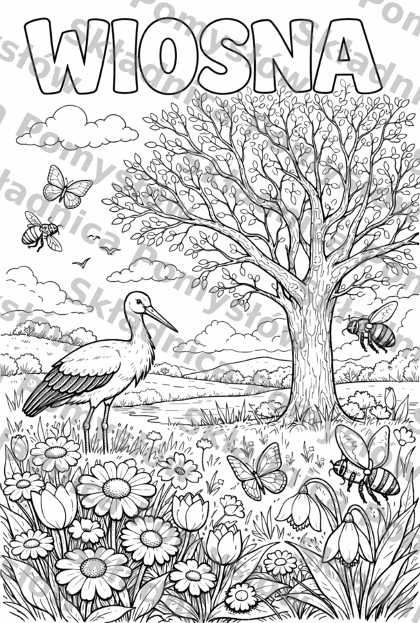 WIOSNA - kolorowanka XXL do druku | plakat 9 stron A4 + miniatura A4; świetlica; dekoracja; gazetka; plastyka; karta pracy