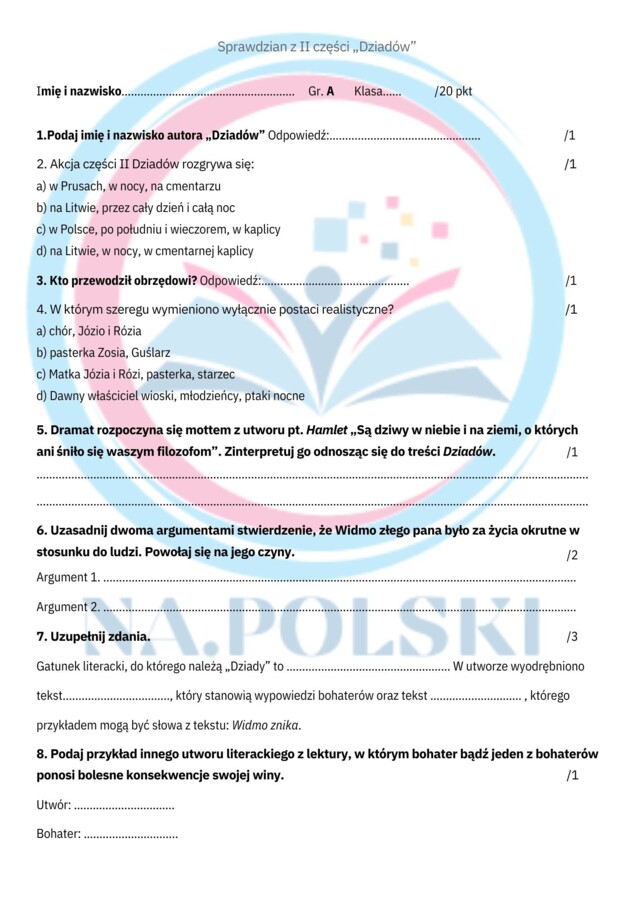 "Dziady cz. II" - sprawdzian podsumowujący