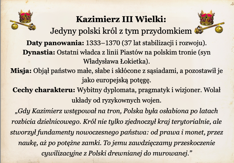 🏰 Gazetka historyczna – Kazimierz III Wielki | Edukacyjna dekoracja sali historycznej lub biblioteki