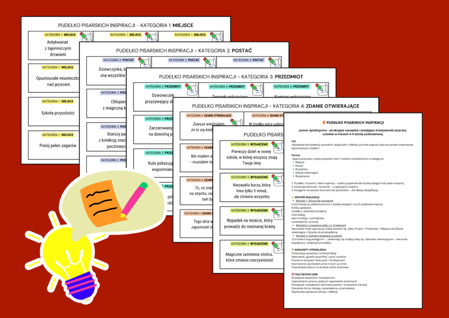 PUDEŁKO PISARSKICH INSPIRACJI - ćwiczenia redakcyjne - 120 fiszek - opowiadanie - fiszki