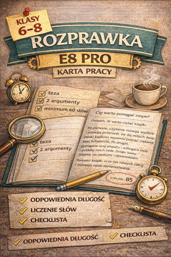 Rozprawka – karta pracy E8 | schemat, przykład, ćwiczenia + klucz
