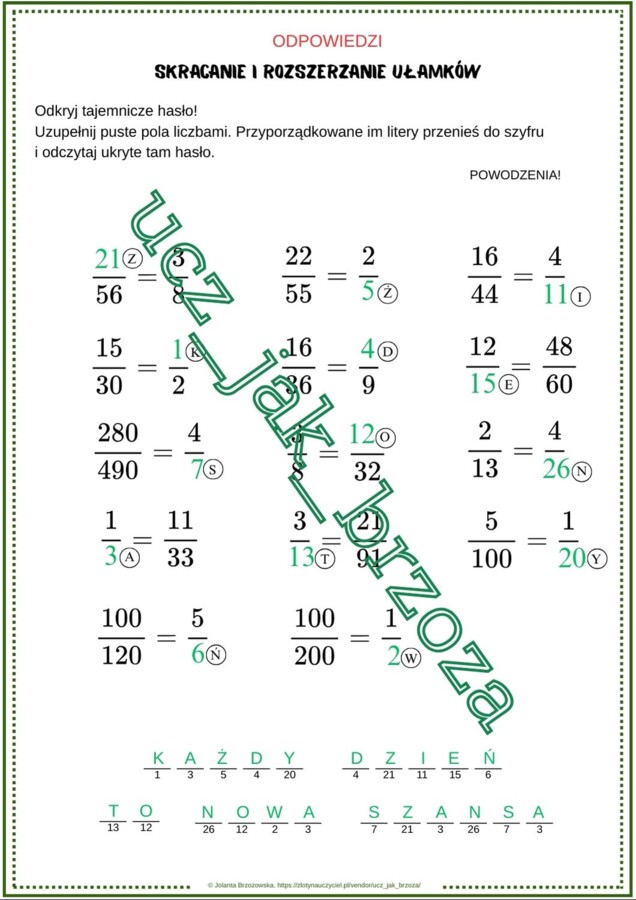 Skracanie i rozszerzanie ułamków, klasa 4, karta pracy z hasłem