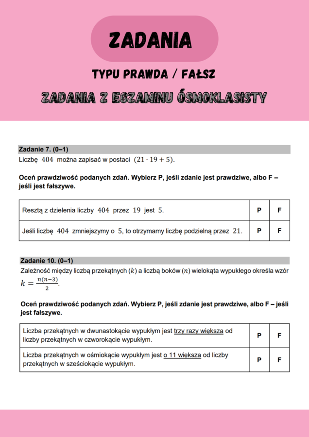 Zadania typu Prawda / Fałsz z E8 z matematyki