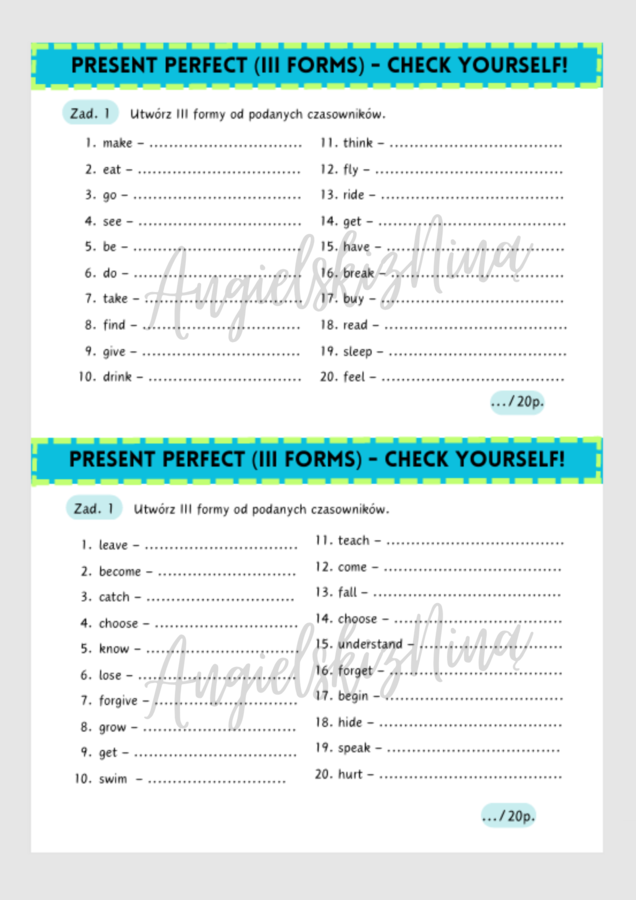 Present Perfect – III forms – Irregular Verbs – czasowniki nieregularne – karta pracy – kartkówka – wklejka – dwie wersje – dwa stopnie trudności