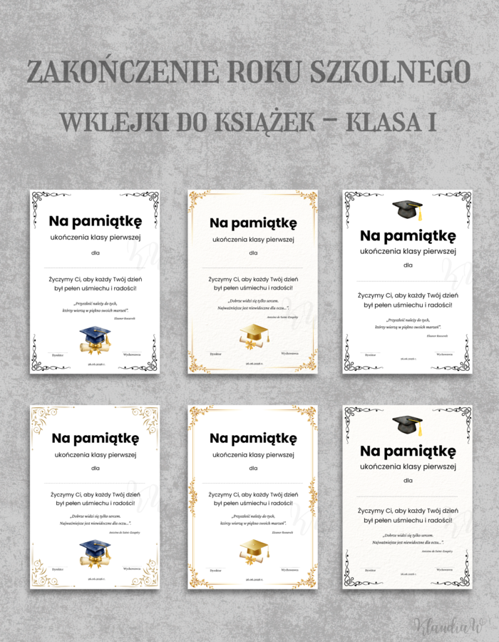 Wklejki do książek na zakończenie roku - klasa 1