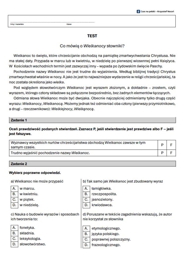 Test wielkanocny dla klas 7-8
