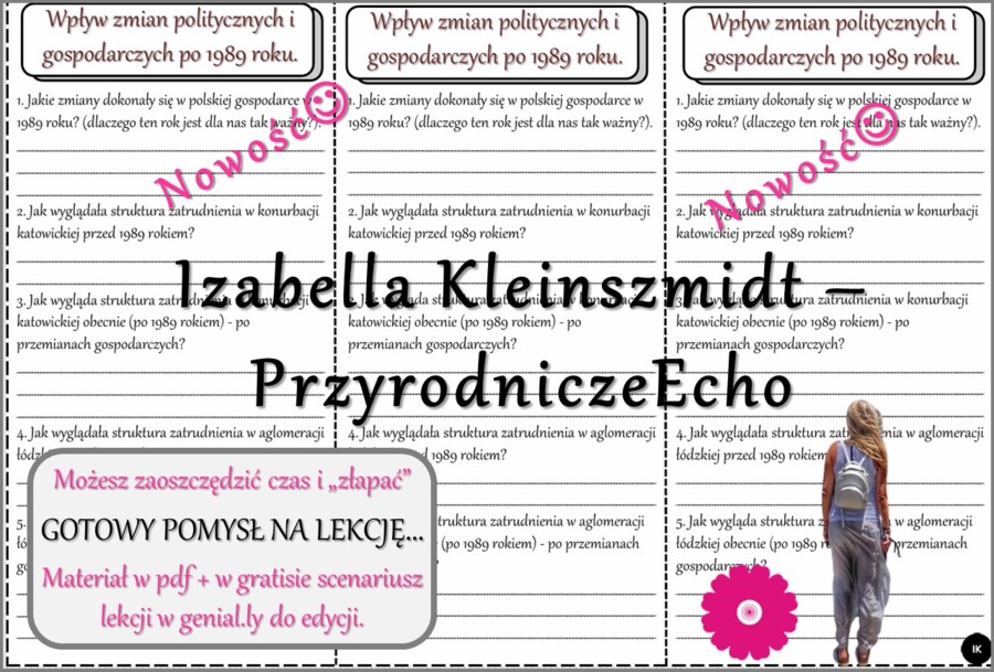 Pomysł na lekcję/karta pracy/stacje zadaniowe/notatki/ materiał do lekcji do tematu „Wpływ zmian politycznych i gospodarczych po 1989 roku” w pdf. W gratisie niekomercyjny scenariusz lekcji/pomysł na lekcję w programie genial.ly do edycji. Geografia 7. D