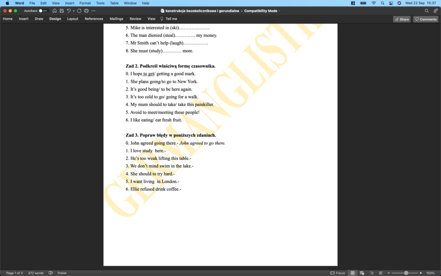 Konstrukcje bezokolicznikowe i gerundialne - ćwiczenia dla uczniów szkół podstawowych