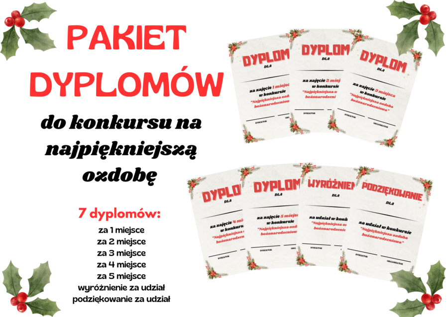 Pakiet dyplomów na konkurs na najpiękniejszą ozdobę bożonarodzeniową/ dyplom/ Boże narodzenie
