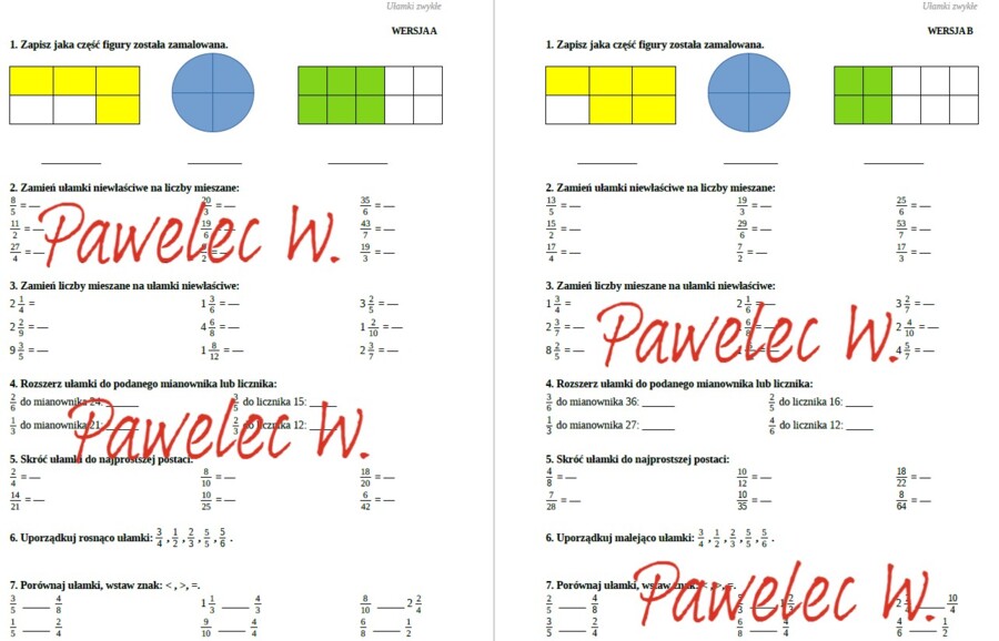 UŁAMKI ZWYKŁE: skracanie, rozszerzanie, porównywanie, liczby mieszane, ułamki niewłaściwe - sprawdzian, kartkówka, karta pracy kl. 4, kl. 5 DWIE WERSJE