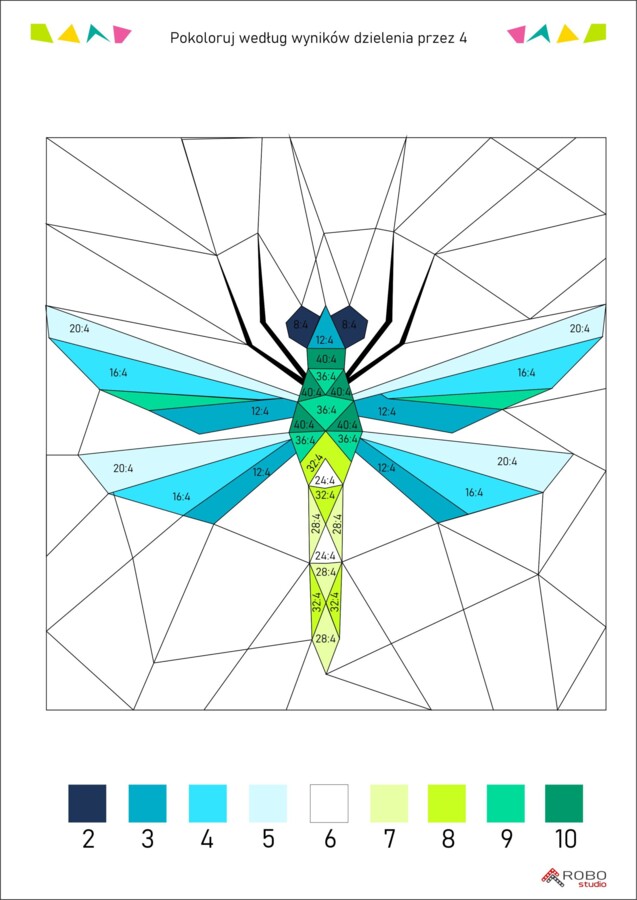 Dzielenie przez 4 - kolorowanka według wyników dzielenia. Nauka dzielenia/mnożenia